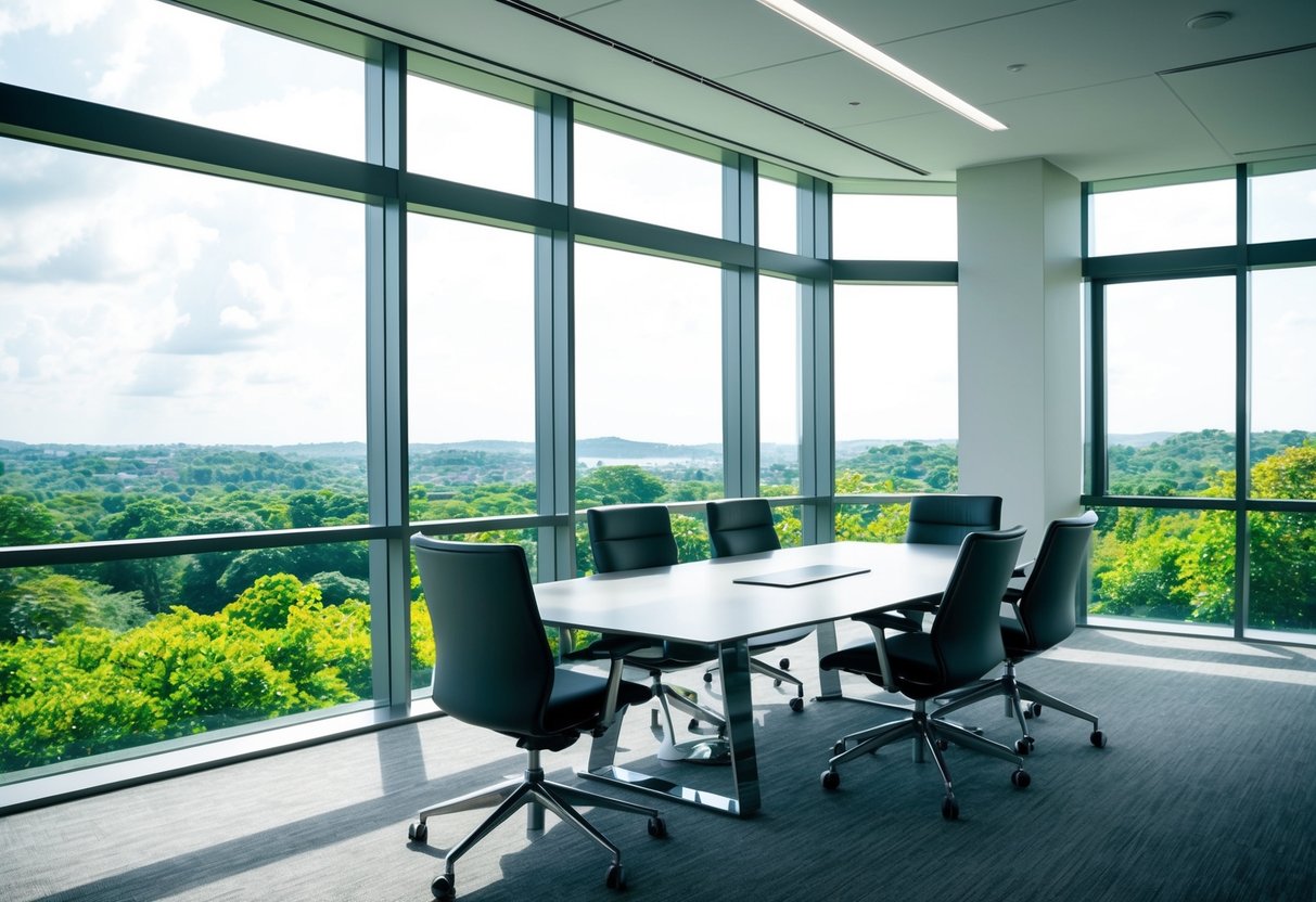 Um espaço de escritório moderno com grandes janelas voltadas para uma paisagem verdejante, com uma mesa de conferência elegante e equipamentos de alta tecnologia.