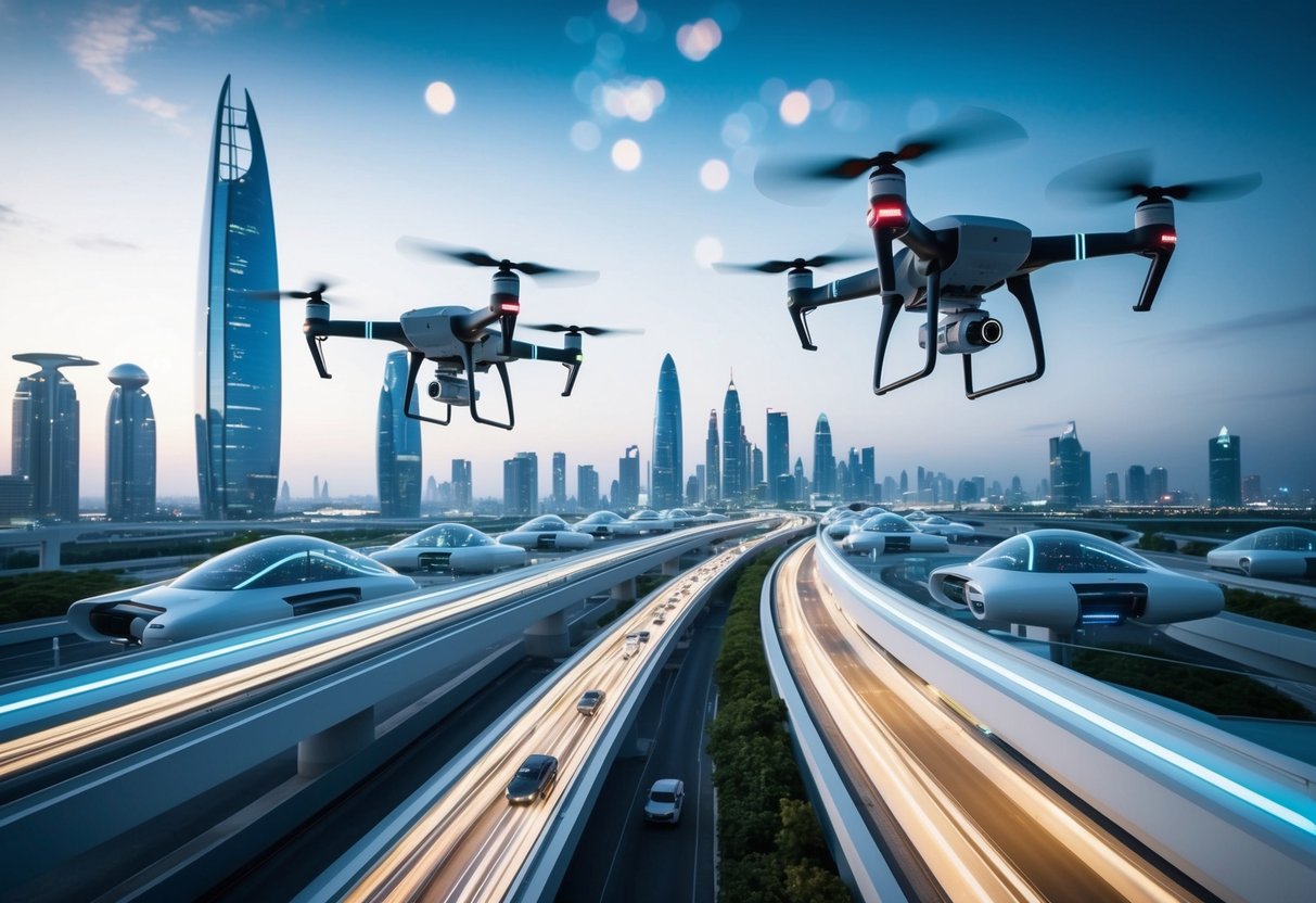 Uma paisagem urbana futurista com drones automatizados e veículos navegando por edifícios e infraestrutura de alta tecnologia