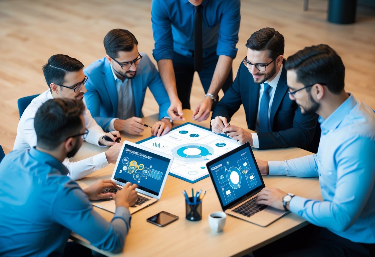 Um grupo de profissionais colabora em torno de uma mesa, fazendo brainstorming e prototipando com ferramentas digitais.