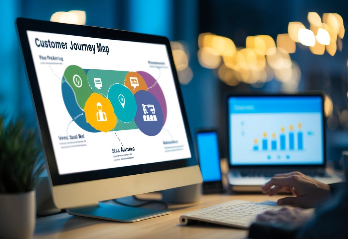 Uma tela de computador exibindo um mapa da jornada do cliente, com ferramentas de automação de marketing e vendas ao fundo