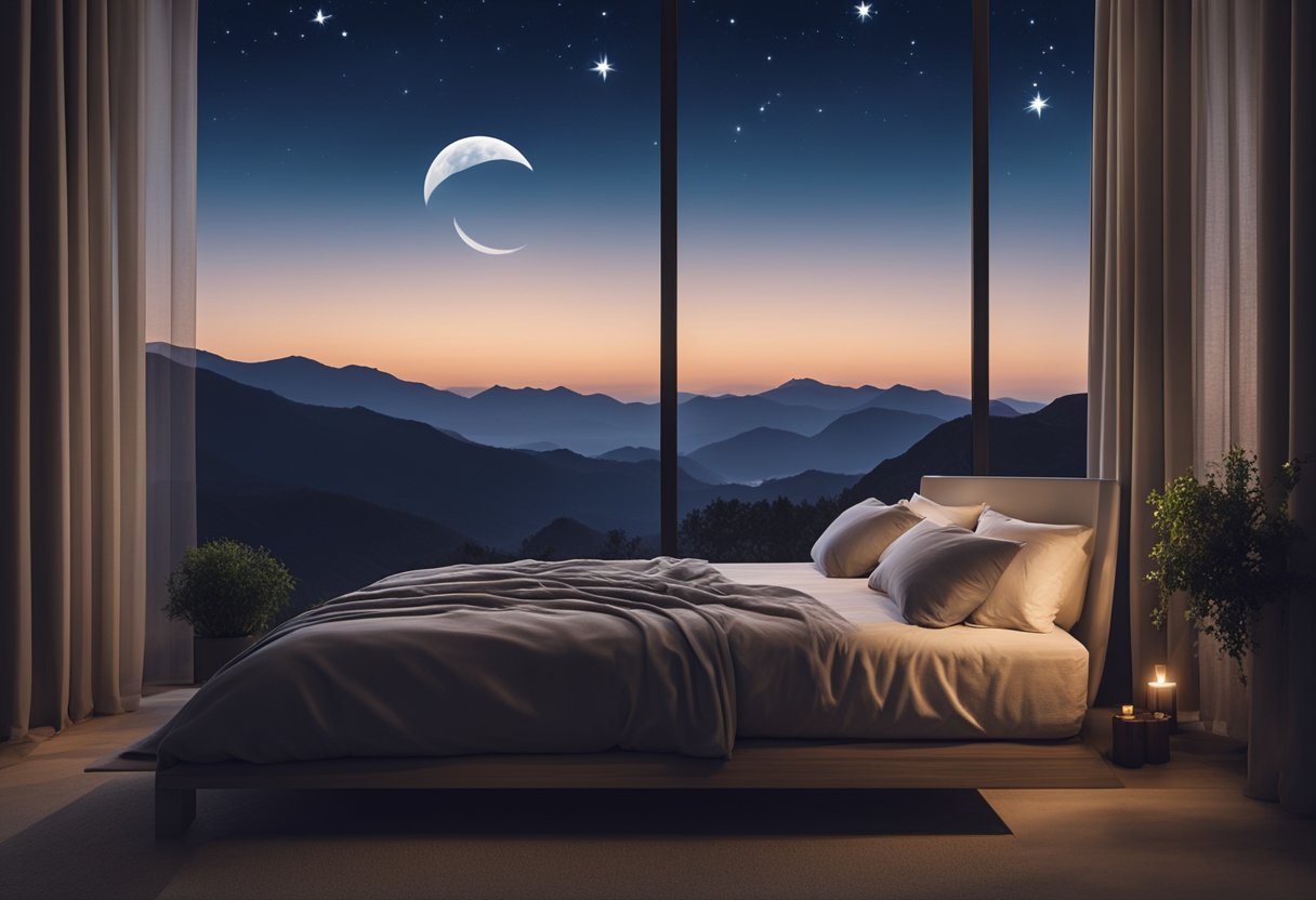 A serene night sky with a crescent moon casting a soft glow over a peaceful landscape, where a cozy bed sits in a tranquil setting