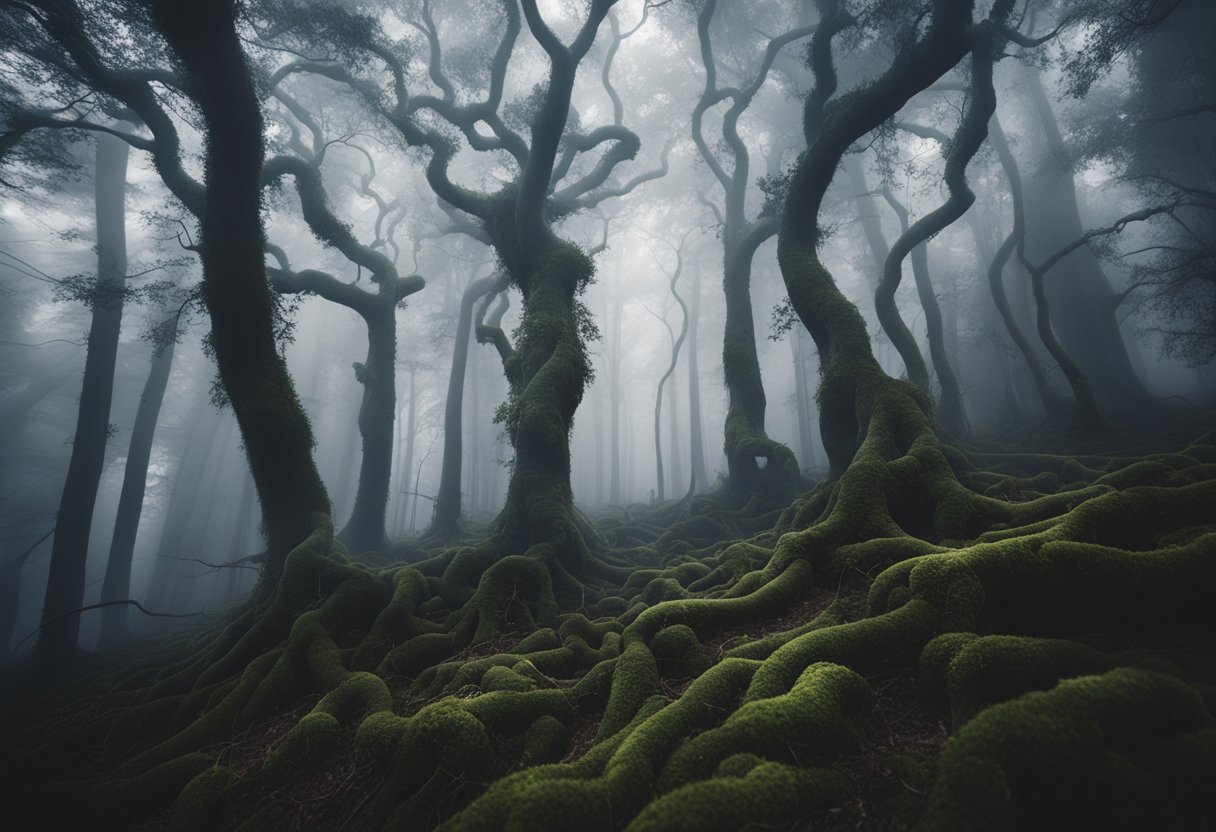 A dark, tangled forest with twisted, gnarled trees and a foggy, disorienting atmosphere