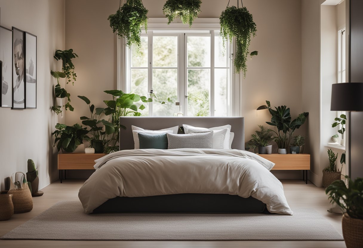 A cozy bedroom with a comfortable bed, soft pillows, and dim lighting, surrounded by calming elements like plants and soothing colors