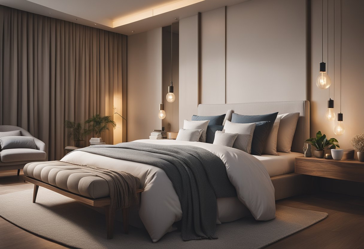 A serene bedroom with a cozy bed, soft lighting, and calming decor. A peaceful atmosphere that promotes relaxation and restful sleep