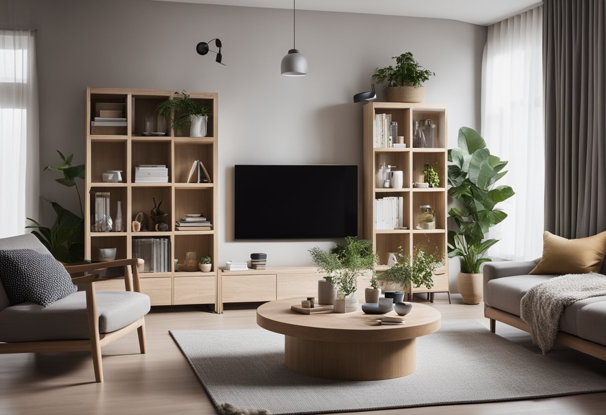 A cozy living room with neatly arranged shelves, labeled storage bins, and a minimalist design to maximize space