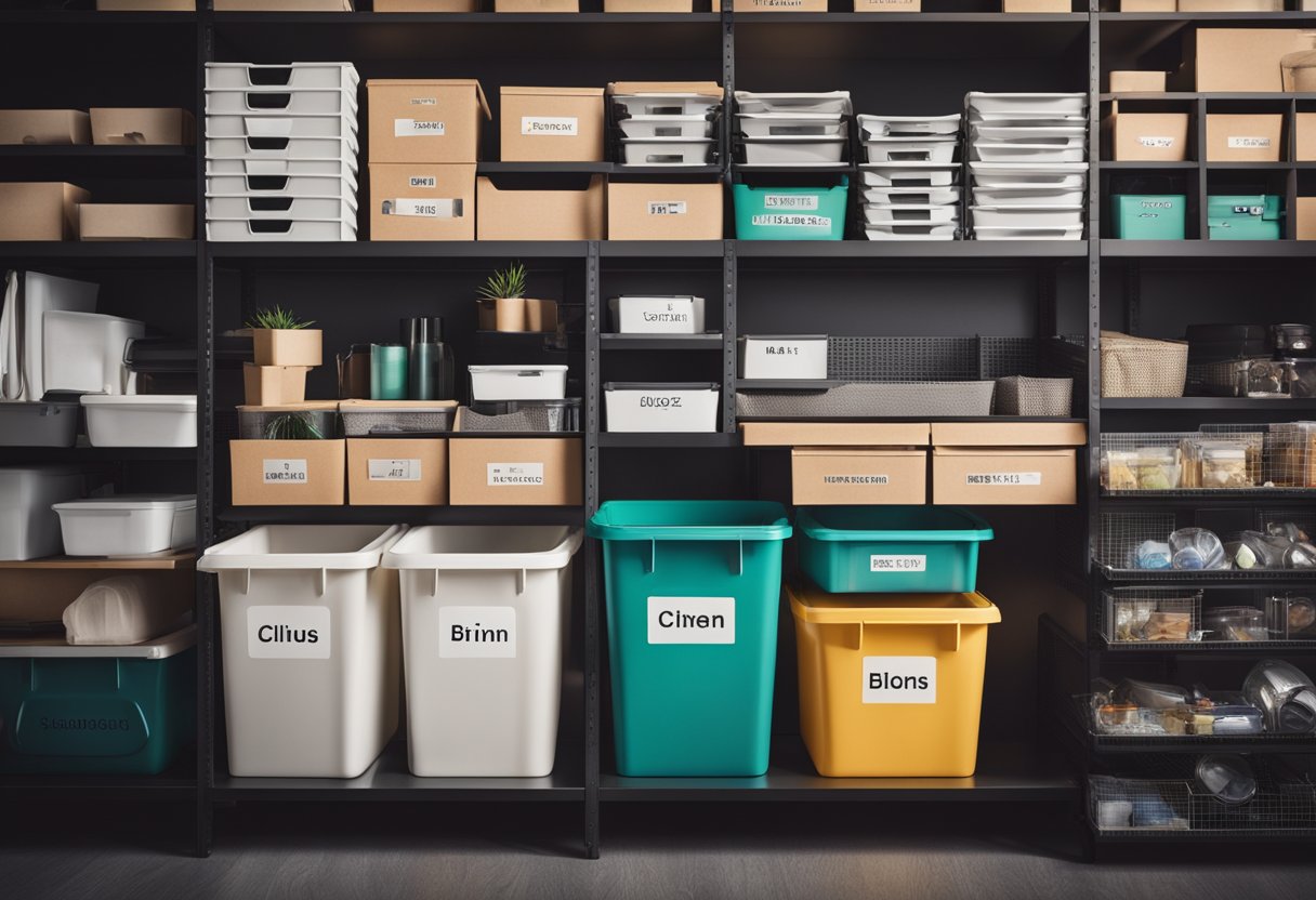 A cluttered room with items neatly organized into labeled bins and shelves