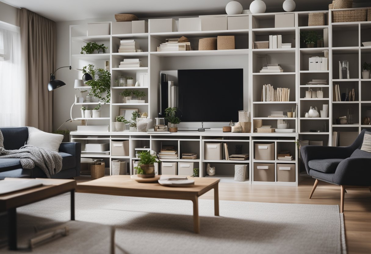 A tidy living room with neatly arranged shelves, labeled storage bins, and a clutter-free workspace