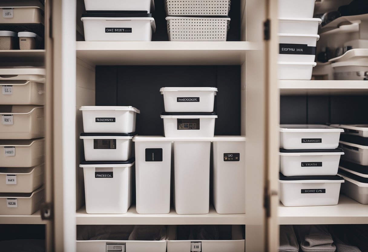 A tidy, clutter-free home with labeled storage bins, organized shelves, and neatly arranged belongings