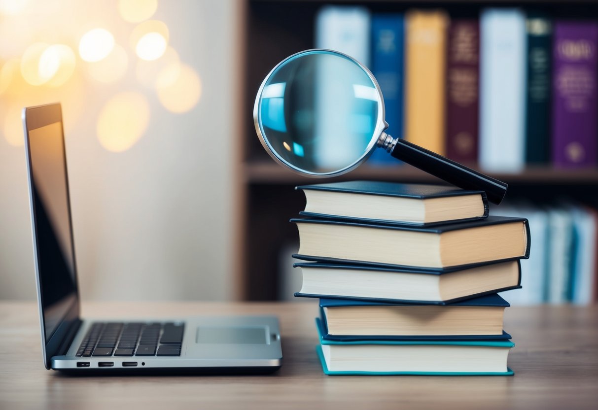 A laptop and a stack of books side by side, with a magnifying glass on top, symbolizing research and comparison between Amazon FBA and affiliate marketing