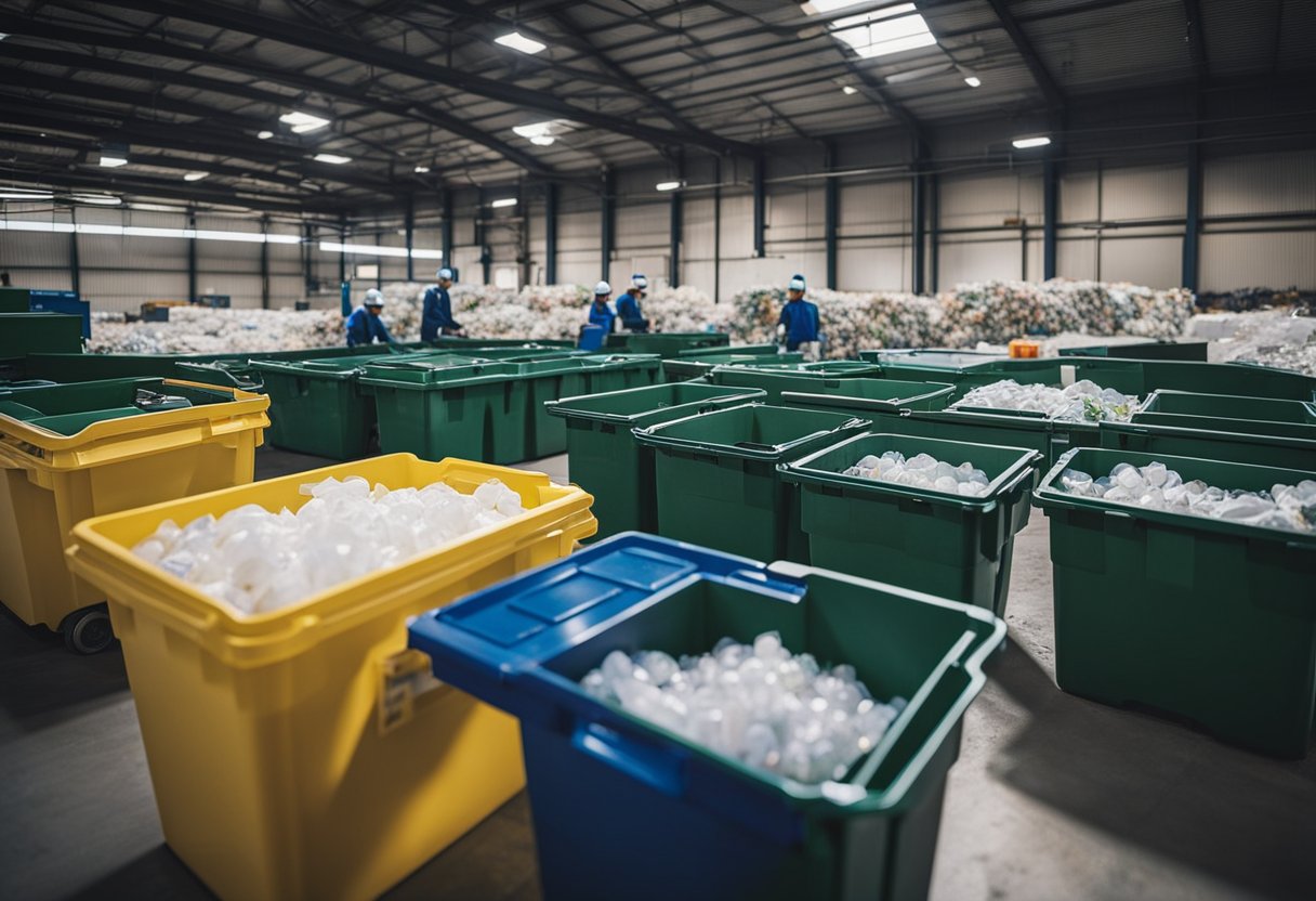 Perdirbimo centras su atskiromis dėžėmis skirtingų tipų pakuočių atliekoms, įskaitant plastiką, stiklą ir popierių. Rūšiavimo įranga ir darbuotojai fone.