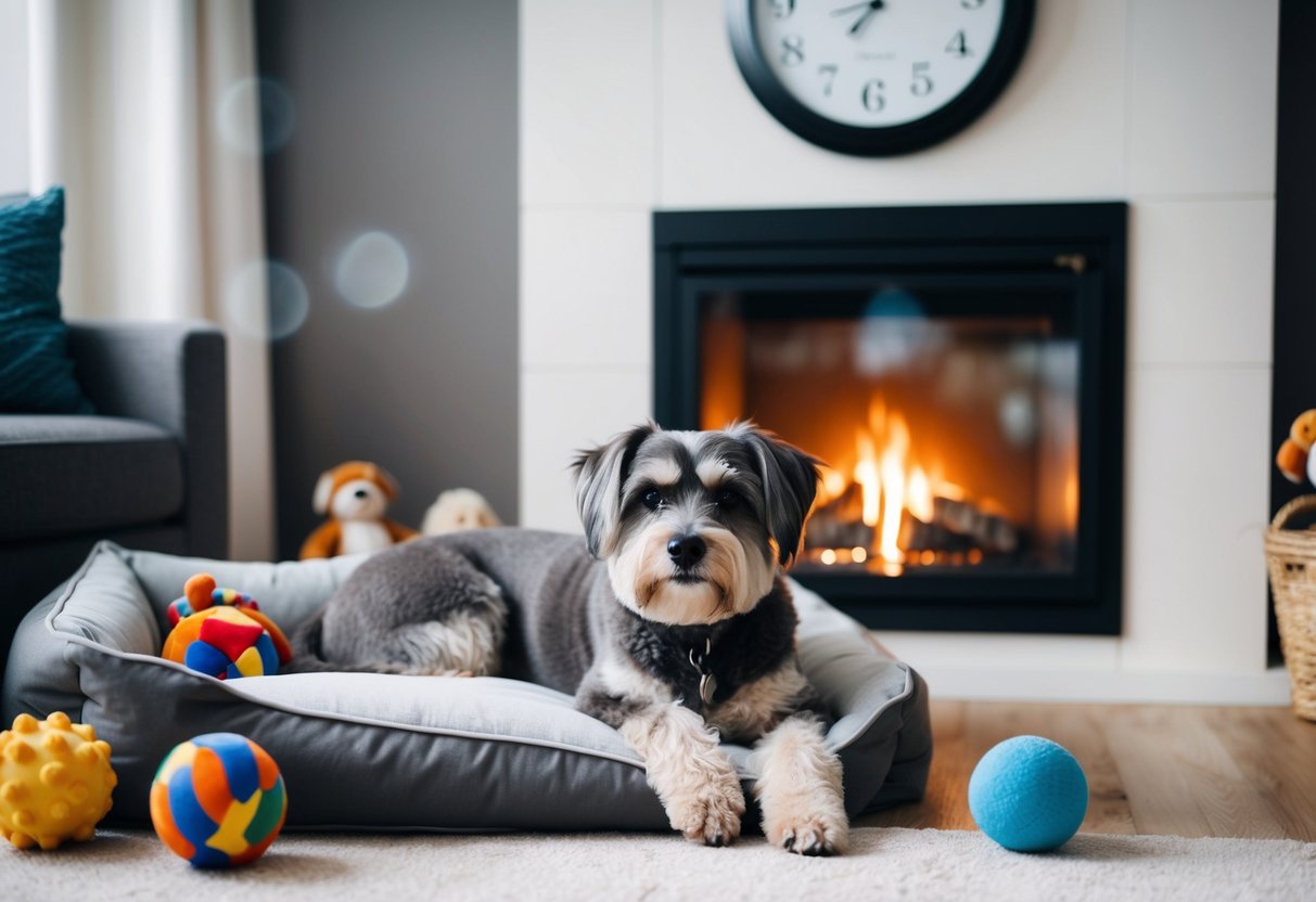 A gray-muzzled dog lying by a fireplace, surrounded by toys and a cozy bed. A clock on the wall shows the passing of time