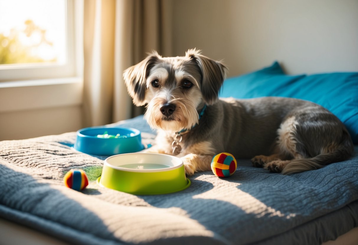 A gray-muzzled dog rests on a cozy bed, surrounded by toys and a bowl of water. The sun streams through the window, casting a warm glow on the aging canine