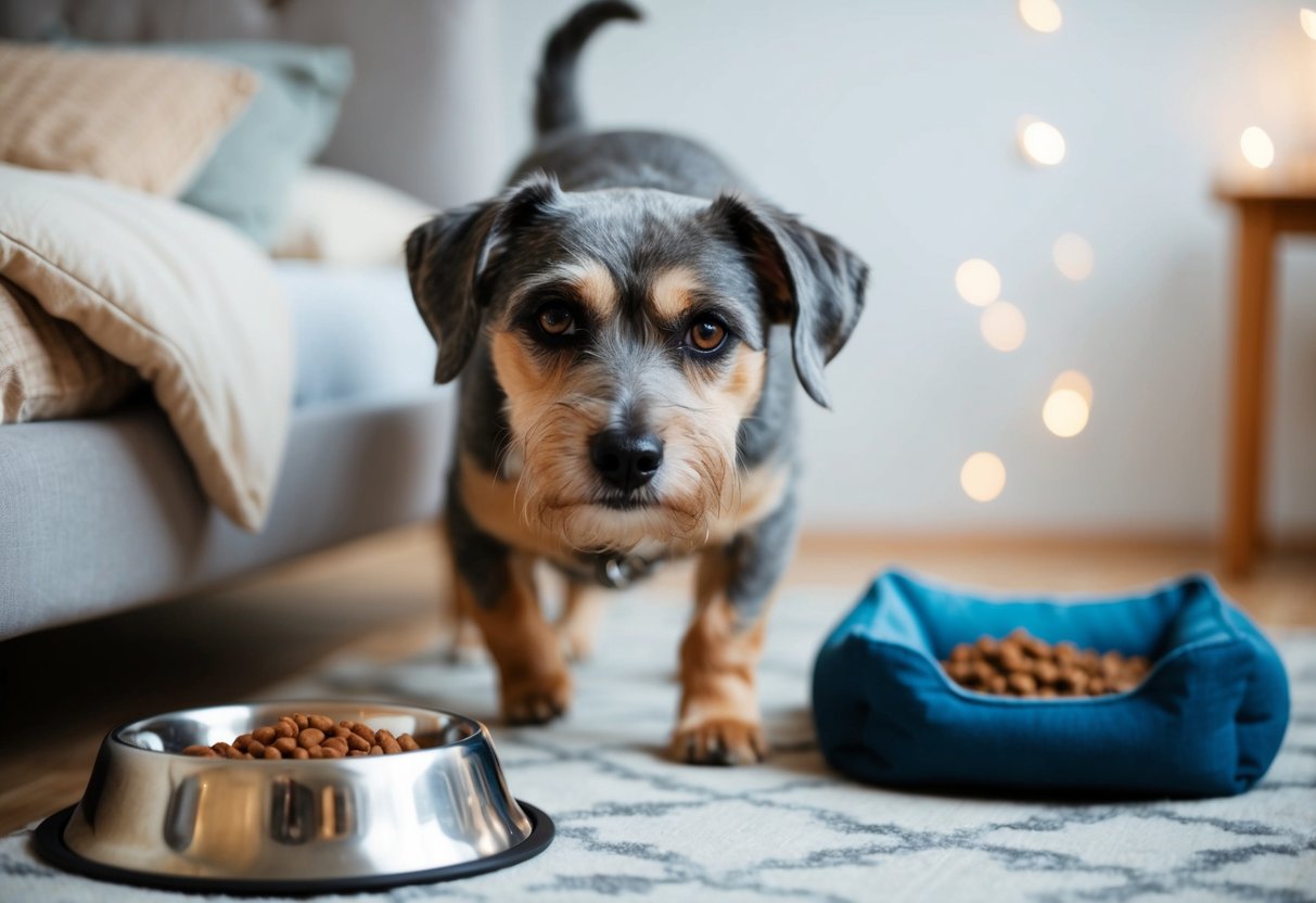 A gray-muzzled dog with cloudy eyes, moving slowly, surrounded by signs of aging such as a cozy bed and a bowl of senior dog food