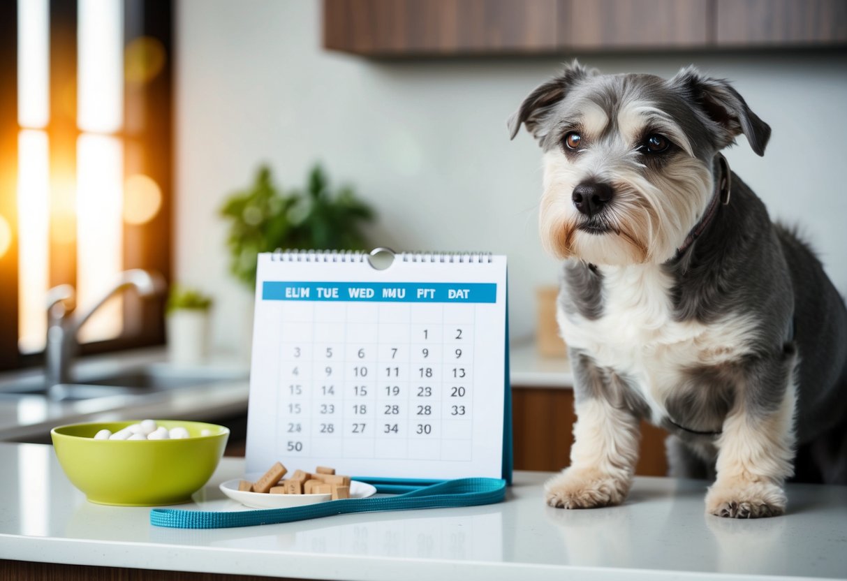 A gray-muzzled dog with cloudy eyes and stiff joints stands next to a calendar showing the passage of time. Nearby, a bowl of supplements and a leash sit on the counter