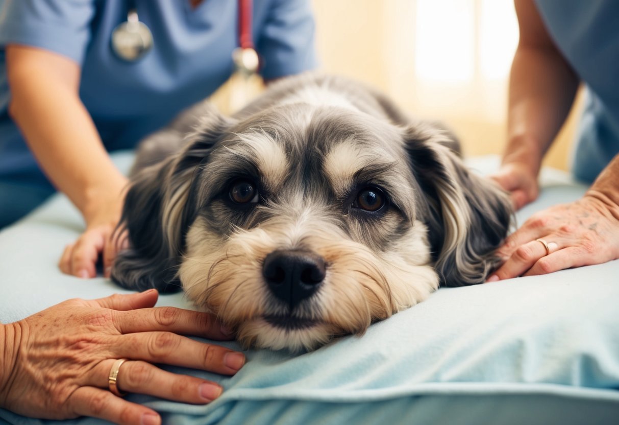 A gray-muzzled dog resting on a cozy bed, surrounded by gentle, attentive caregivers. The dog's eyes show wisdom and warmth, reflecting a lifetime of love and loyalty