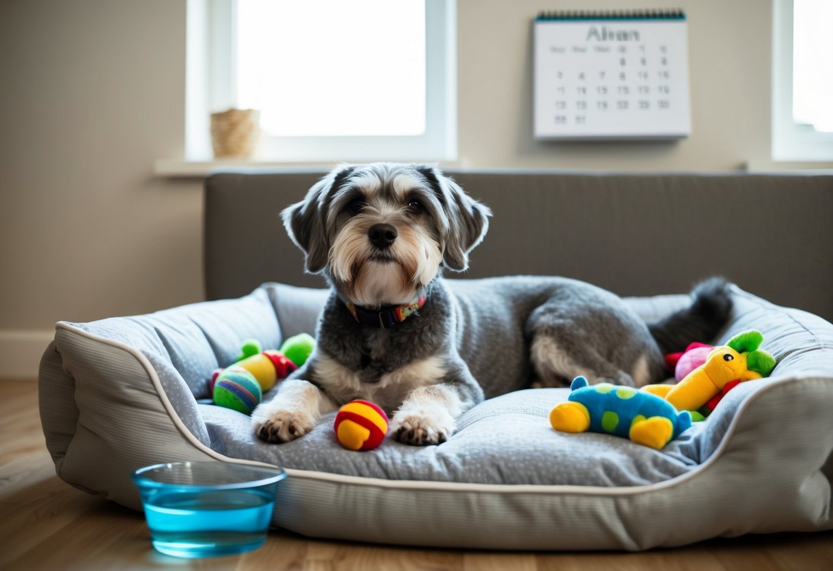 A gray-muzzled dog rests on a cozy bed, surrounded by toys and a water bowl. A calendar on the wall marks the passing of time