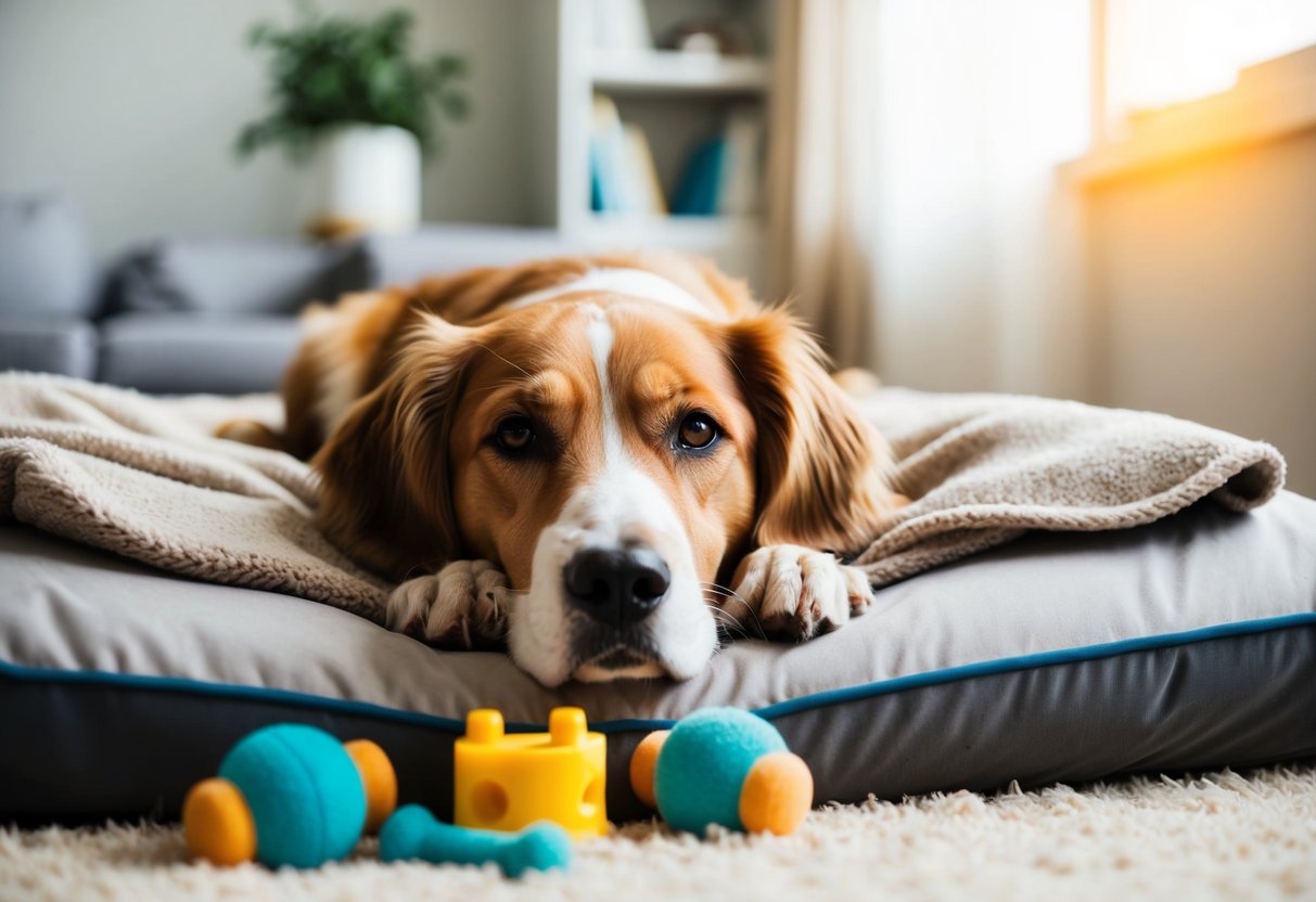 A senior dog lying comfortably on a soft bed, surrounded by familiar toys and a cozy blanket. A gentle, caring expression in its eyes