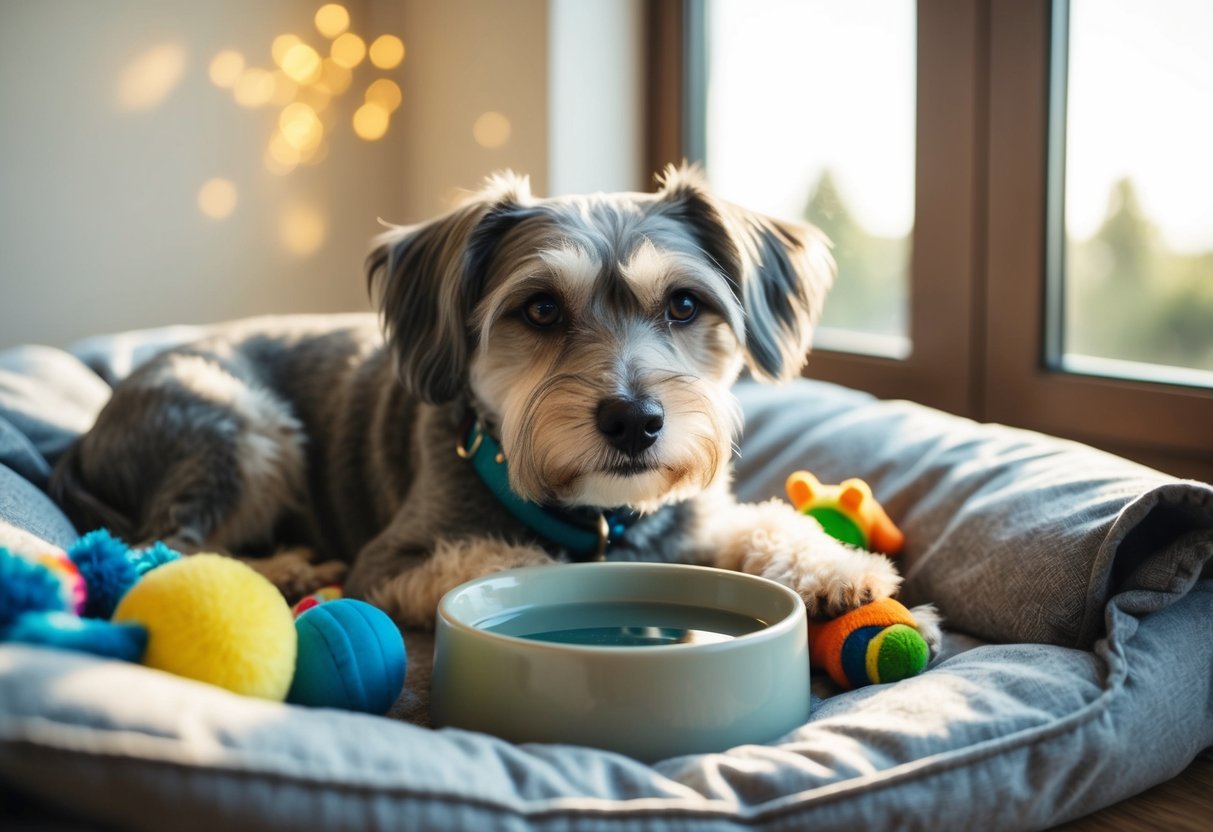 A gray-muzzled dog rests on a cozy bed, surrounded by toys and a bowl of water. The sun streams in through a window, casting a warm glow on the aging pup