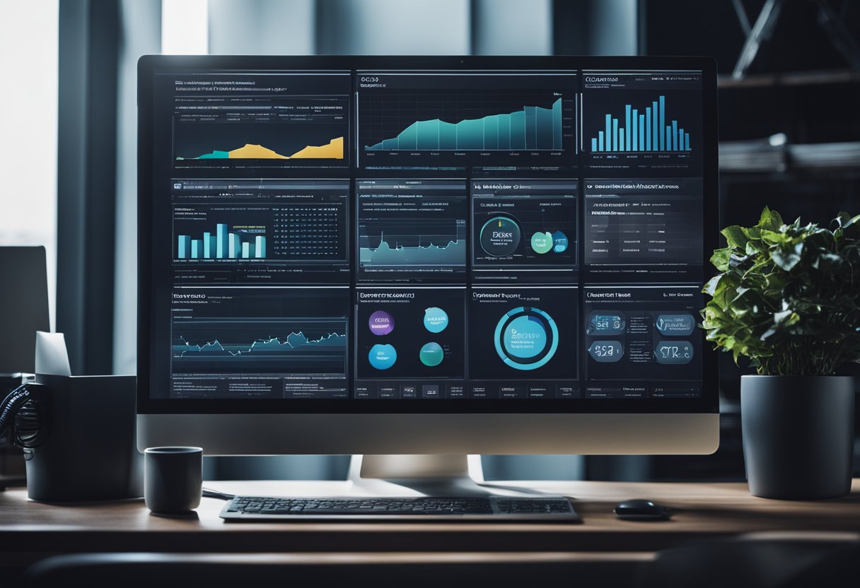 A computer with multiple screens showing data analytics, keyword research, and content planning for an SEO strategy