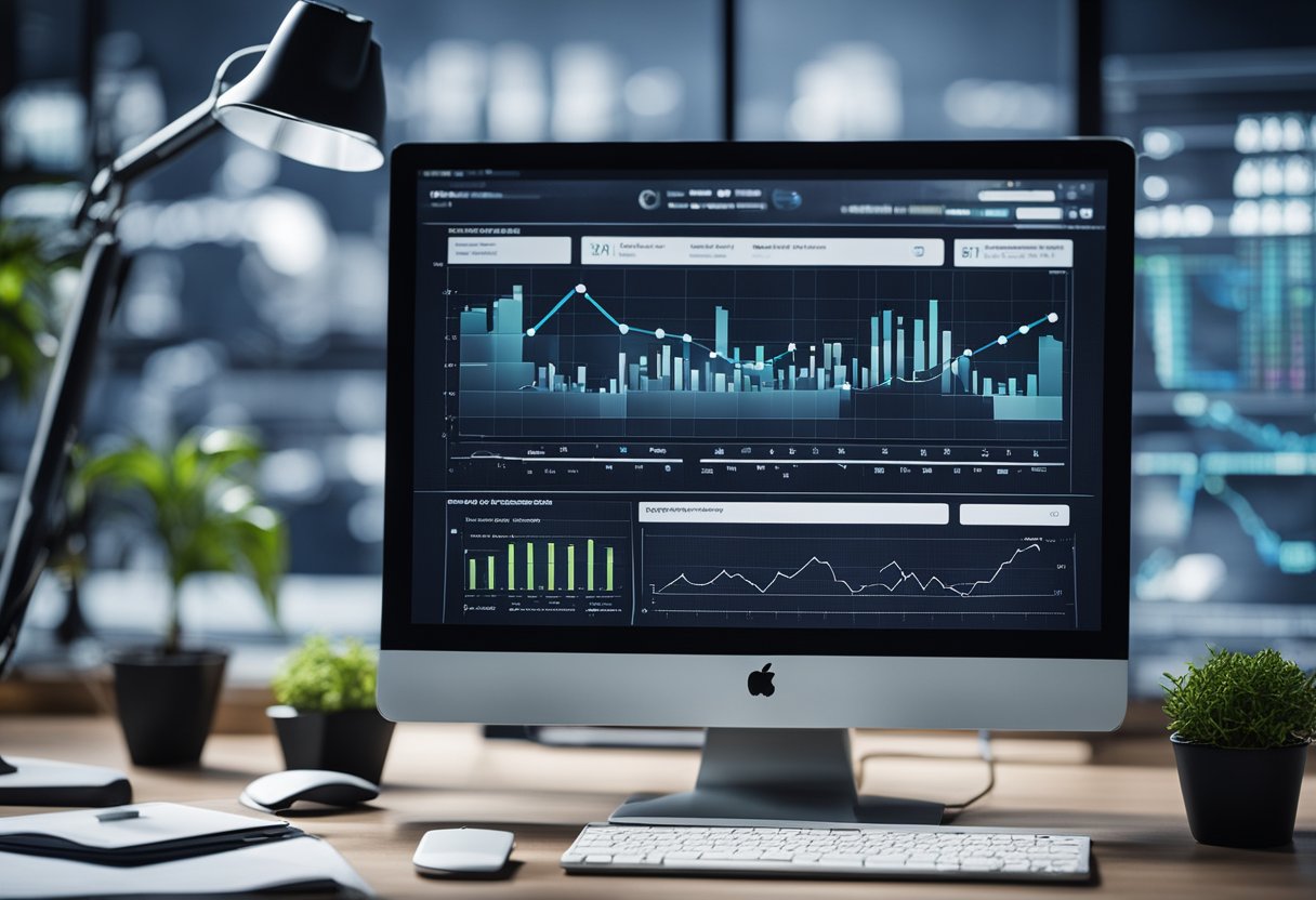 A computer screen showing a website's technical SEO analysis, surrounded by graphs and charts, with a growth trajectory