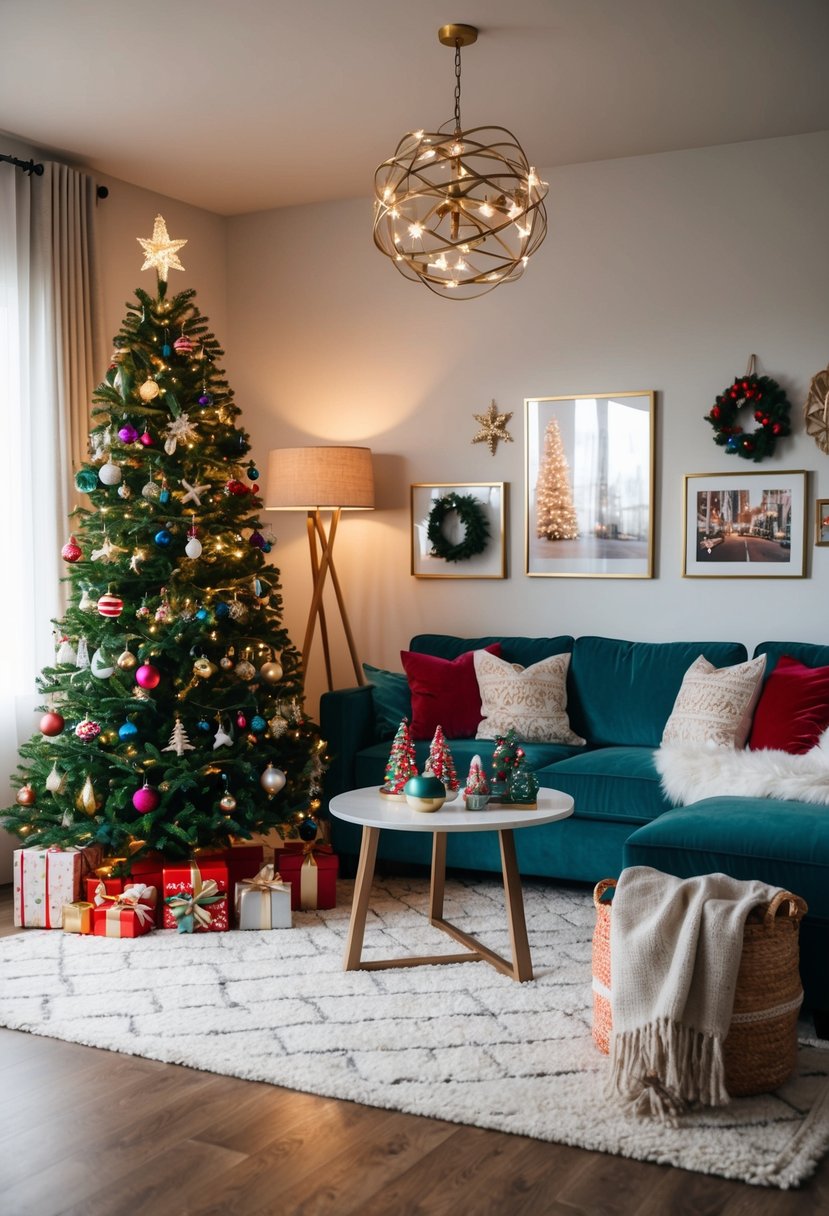 18 Unique and Creative Christmas Decor Ideas for Living Room That Will Make Your Guests Go Wow 40 A cozy living room adorned with 18 unique and creative Christmas decor ideas, including a festive tree, twinkling lights, and colorful ornaments