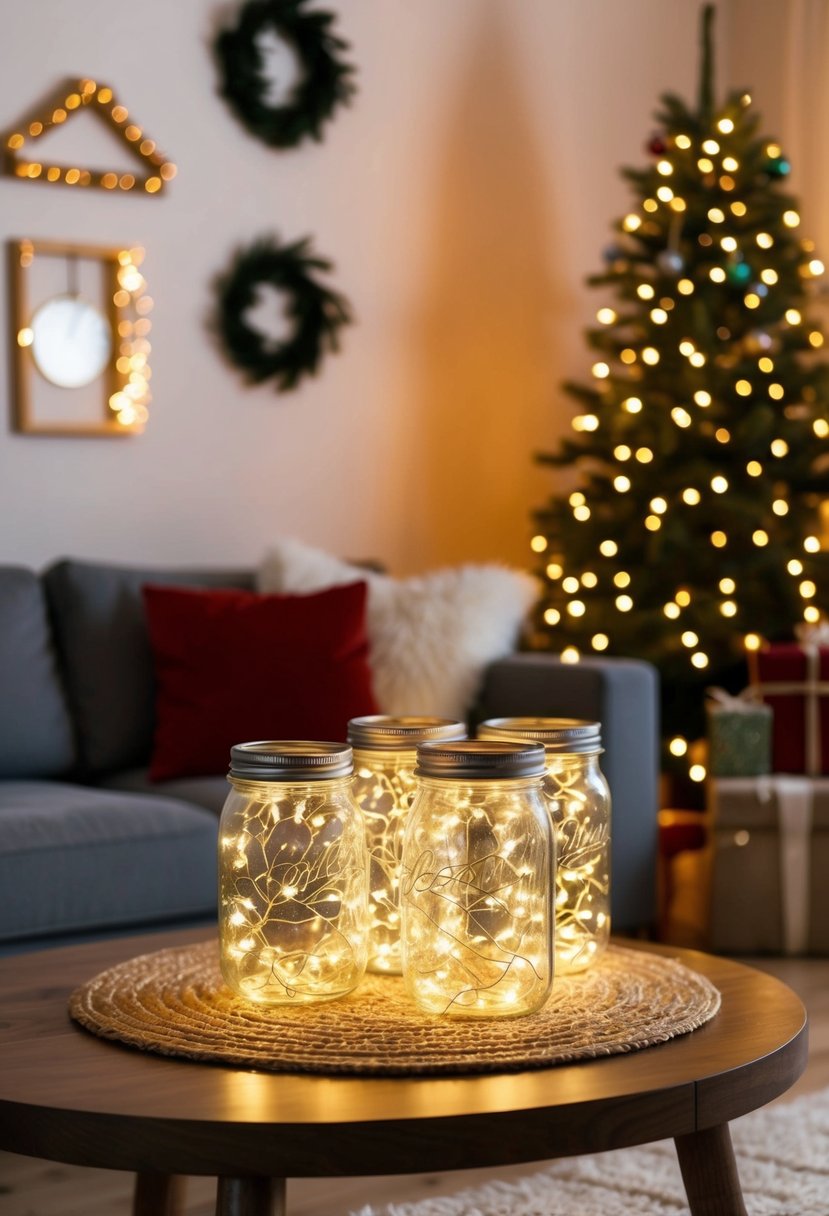 18 Unique and Creative Christmas Decor Ideas for Living Room That Will Make Your Guests Go Wow 43 Mason jars filled with fairy lights illuminate a cozy living room adorned with unique and creative Christmas decorations
