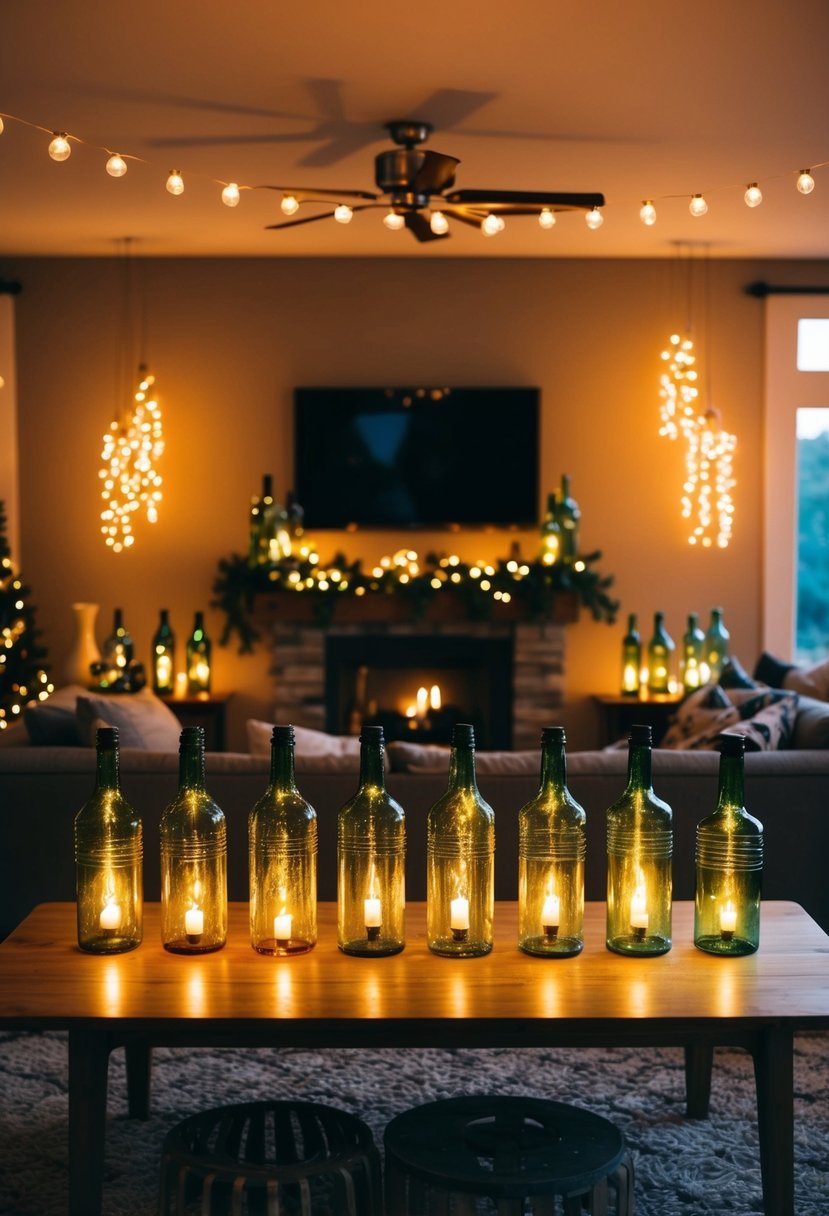 18 Unique and Creative Christmas Decor Ideas for Living Room That Will Make Your Guests Go Wow 50 A cozy living room adorned with 18 upcycled bottle lanterns, casting a warm and festive glow