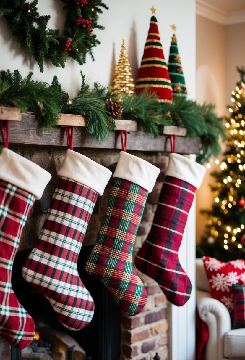 18 Unique and Creative Christmas Decor Ideas for Living Room That Will Make Your Guests Go Wow 54 Plaid Christmas stockings hang from a rustic mantel, surrounded by festive decor in a cozy living room