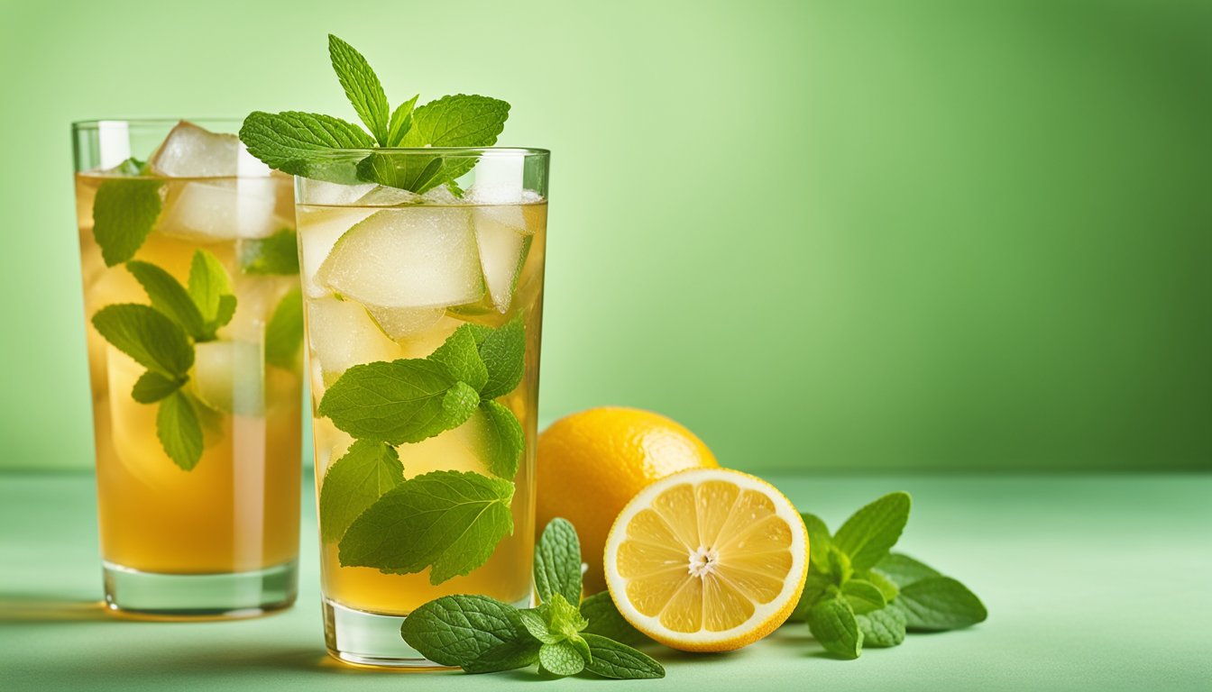 A glass of iced tea with stevia leaves, condensation, and herbal garnishes on a light green backdrop