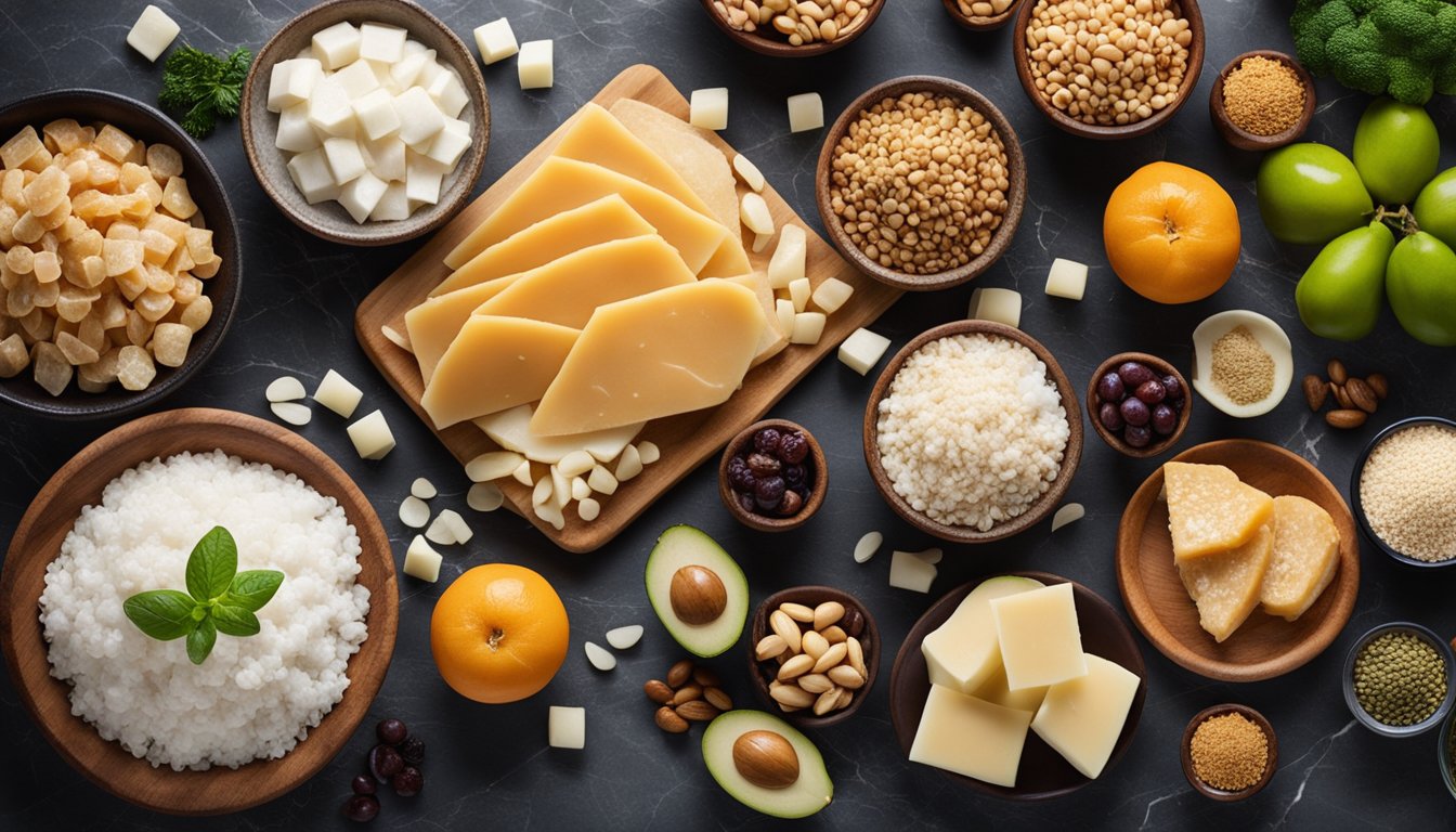 A flat lay of collagen-rich foods with dramatic lighting on marble