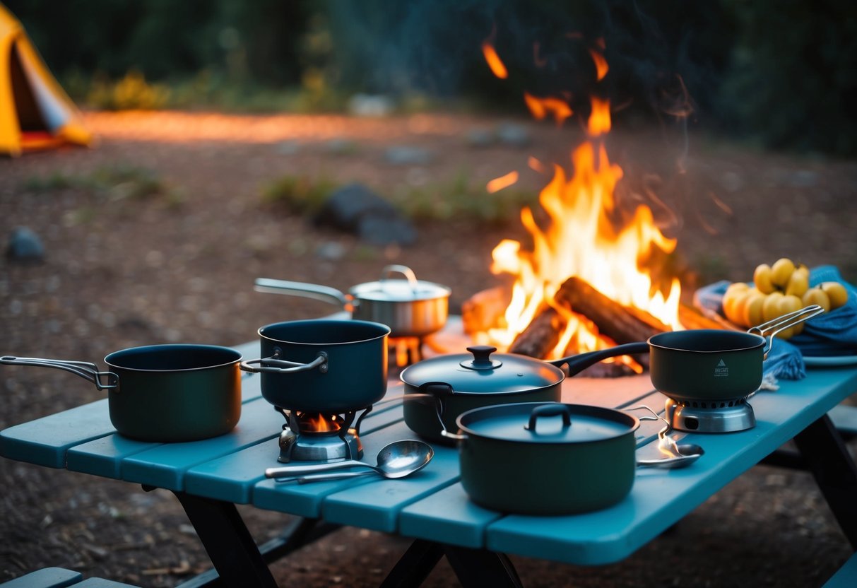 A cozy campsite with a crackling fire, a compact stove, and a variety of durable, lightweight cookware spread out on a picnic table