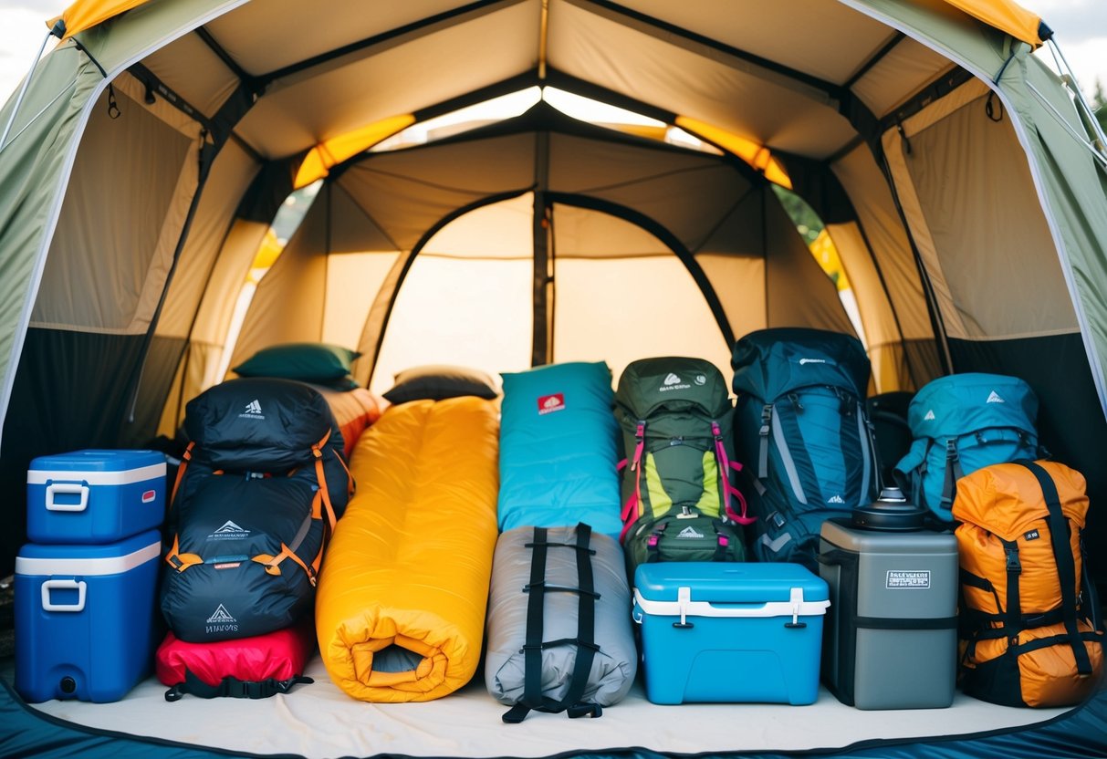 A campsite with neatly organized camping gear, including tents, sleeping bags, coolers, and backpacks, arranged in a designated storage area