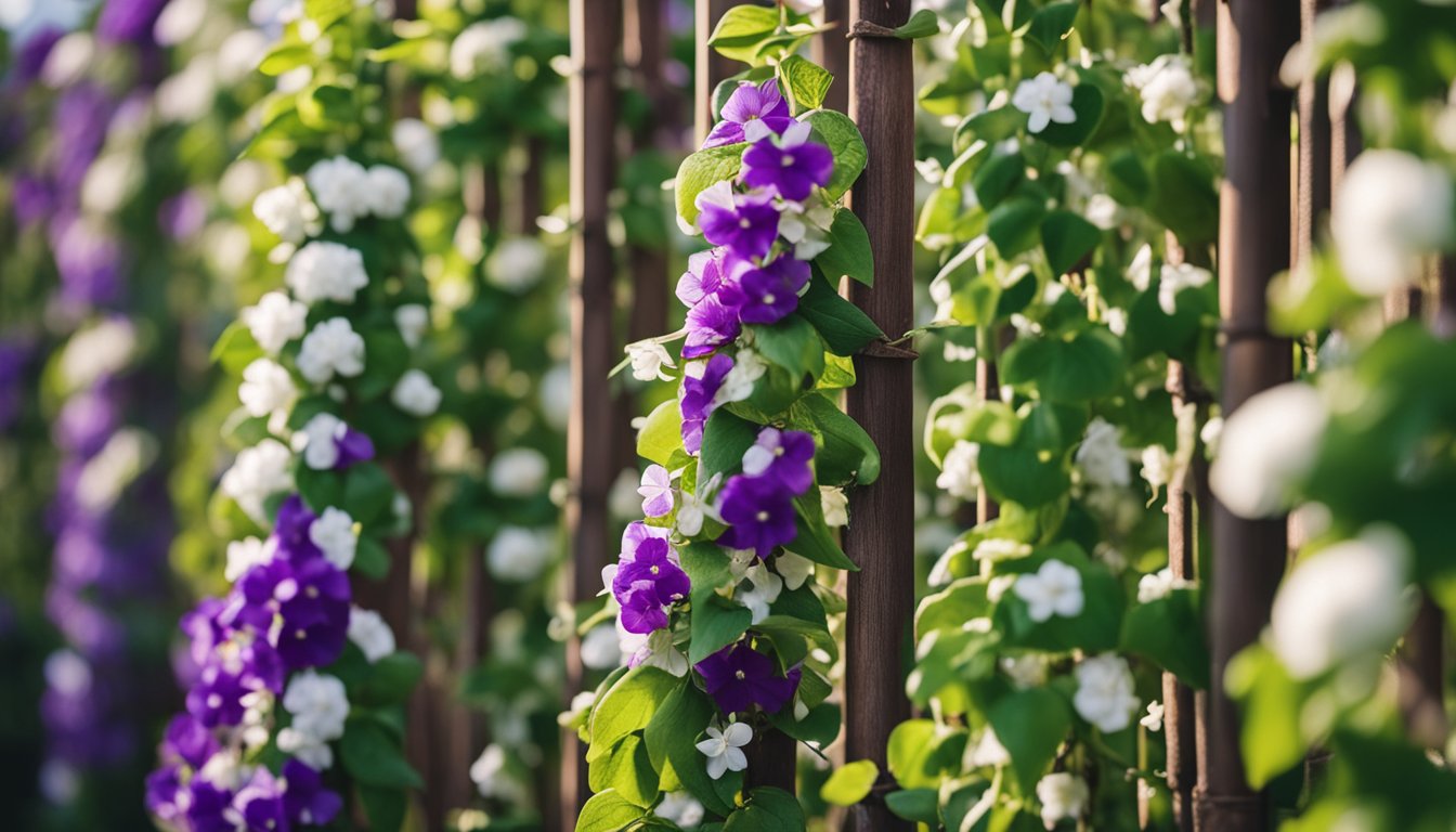 Pole beans climb wooden trellises, adorned with white and purple blossoms, in a lush vertical garden scene