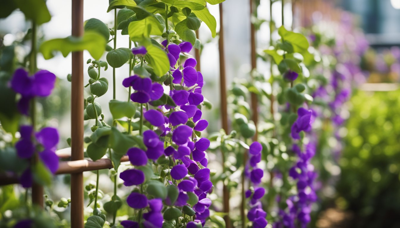 Pole beans climb wooden trellises, adorned with white and purple blossoms, in a lush vertical garden scene