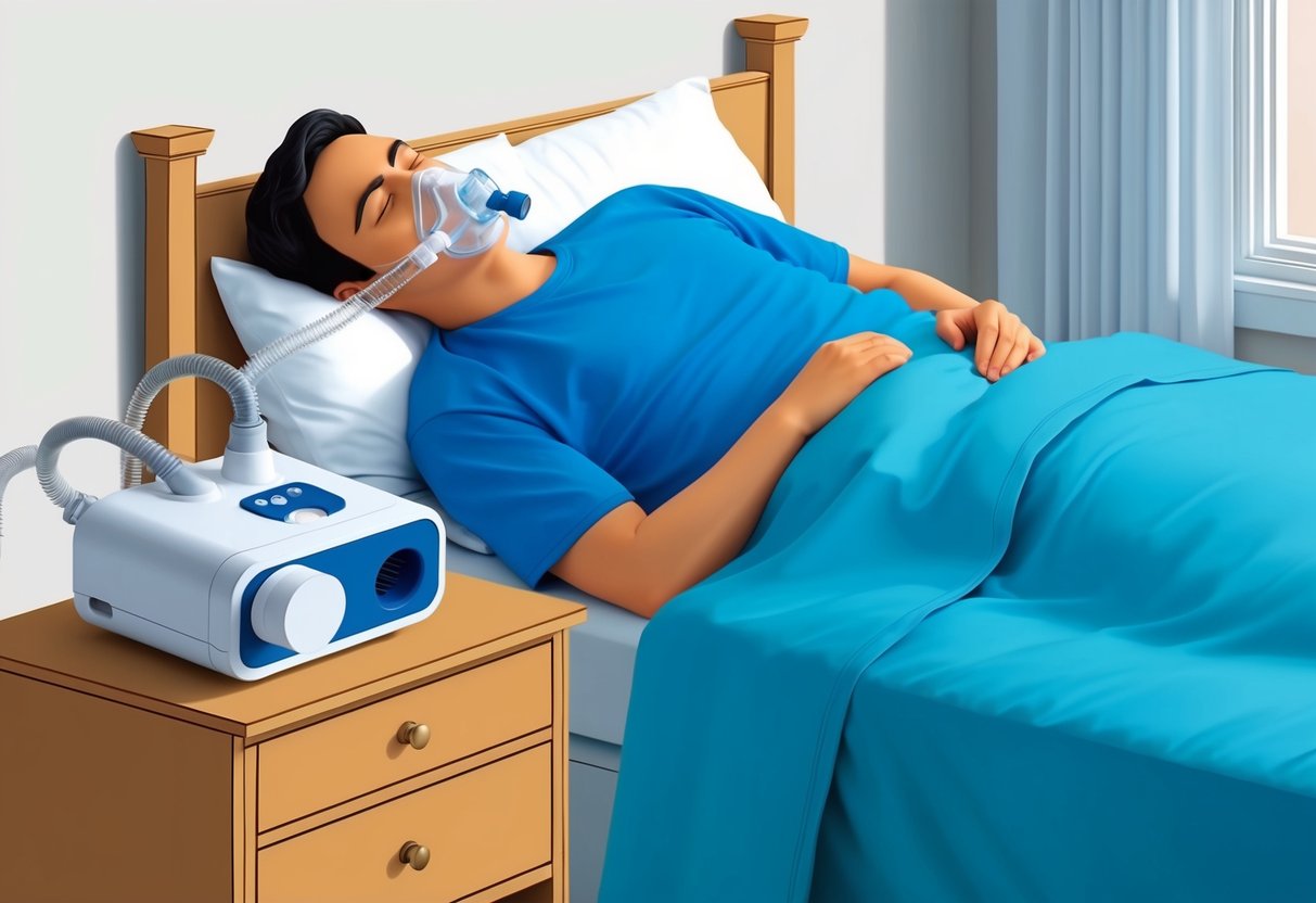 Une personne allongée dans son lit avec une machine CPAP sur la table de nuit, un masque connecté à la machine, et la tête de la personne reposant sur un oreiller.