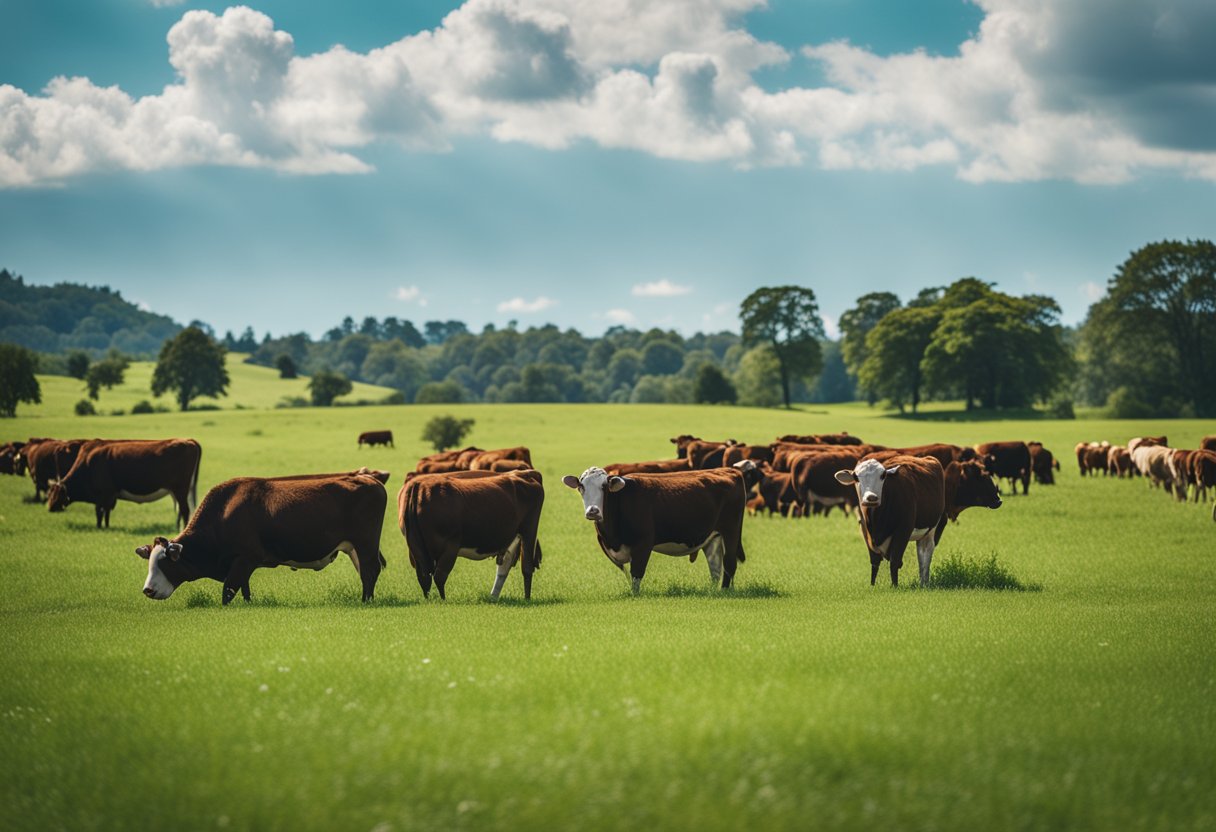 A herd of beef cattle grazing in a lush, green pasture under a bright, blue sky