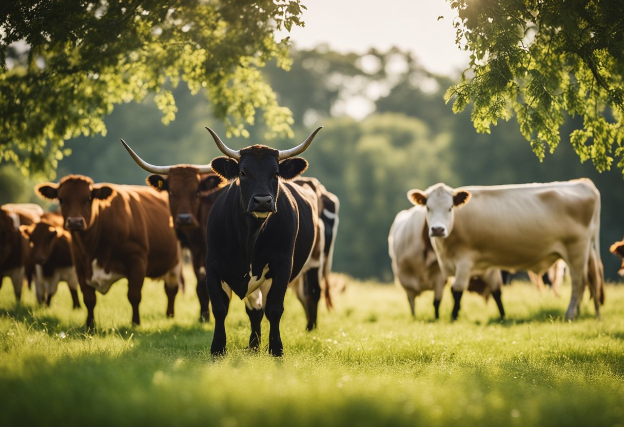 A group of diverse beef cattle breeds grazing in a lush pasture, showcasing the results of genetics and breeding innovations