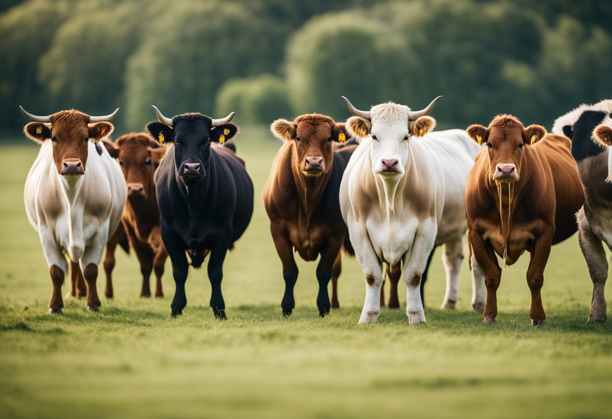 A group of different beef cattle breeds standing in a field, with one breed in focus and the others in the background