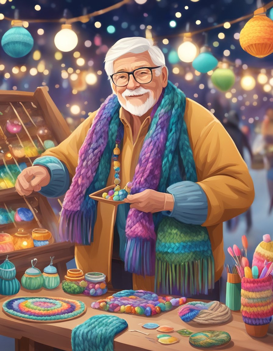 A senior at a craft fair, selling handmade jewelry, knitted scarves, and painted ceramics at a booth adorned with colorful banners and twinkling lights