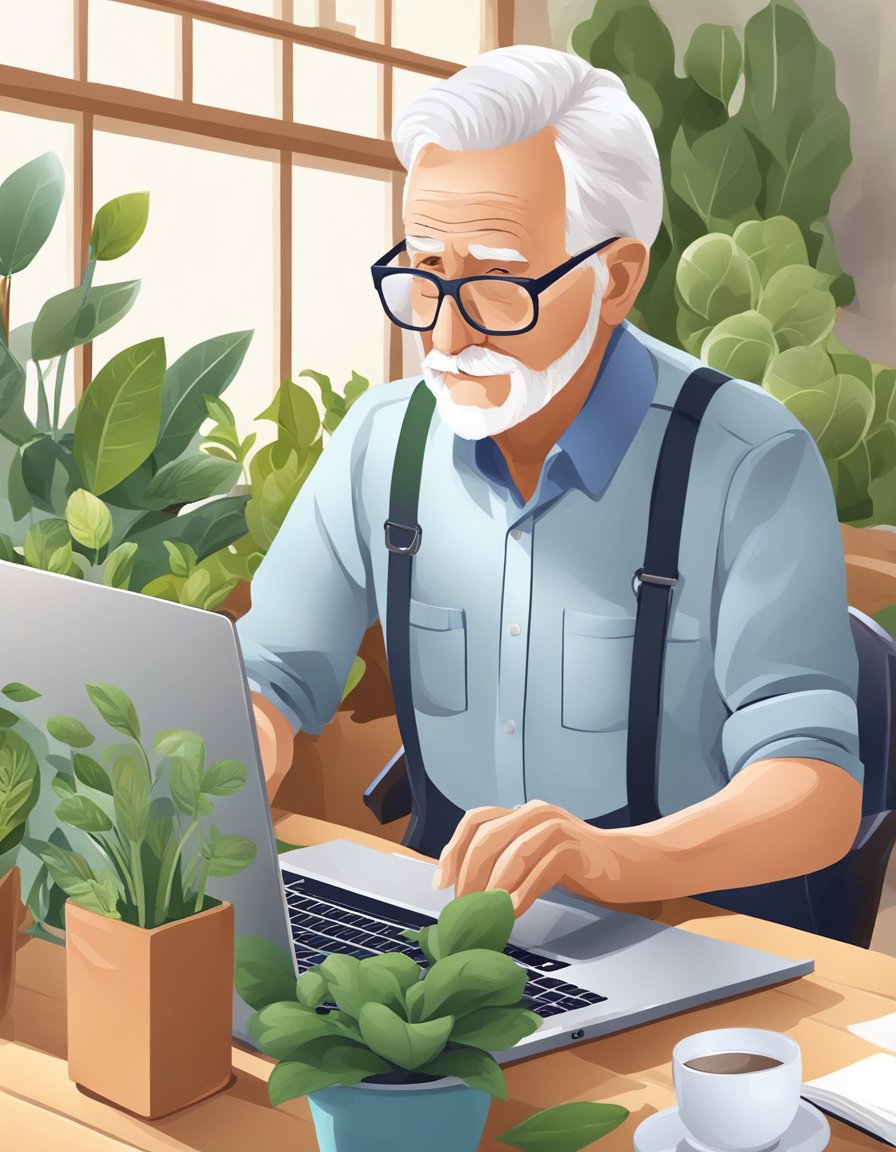 A senior working on a laptop, while also gardening and teaching a class online