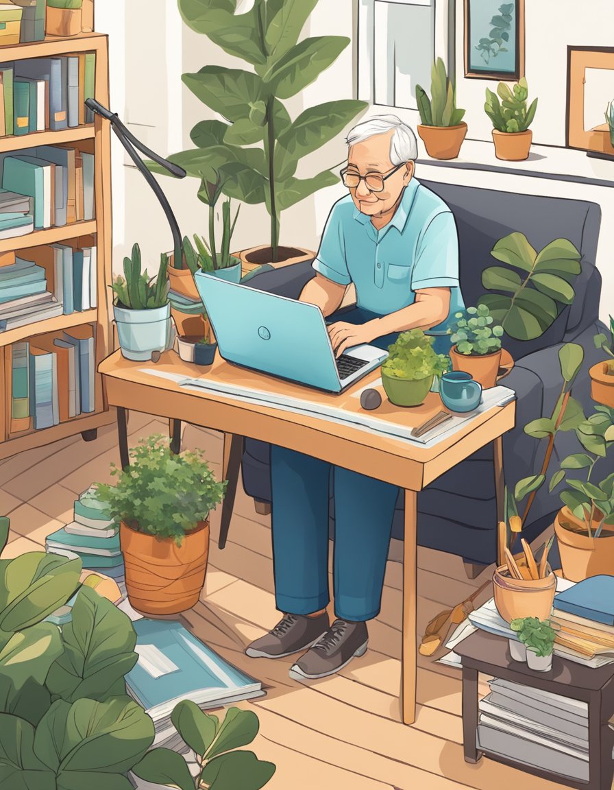 A cozy living room with a senior working on a laptop, surrounded by a crafting table, gardening supplies, and a stack of books