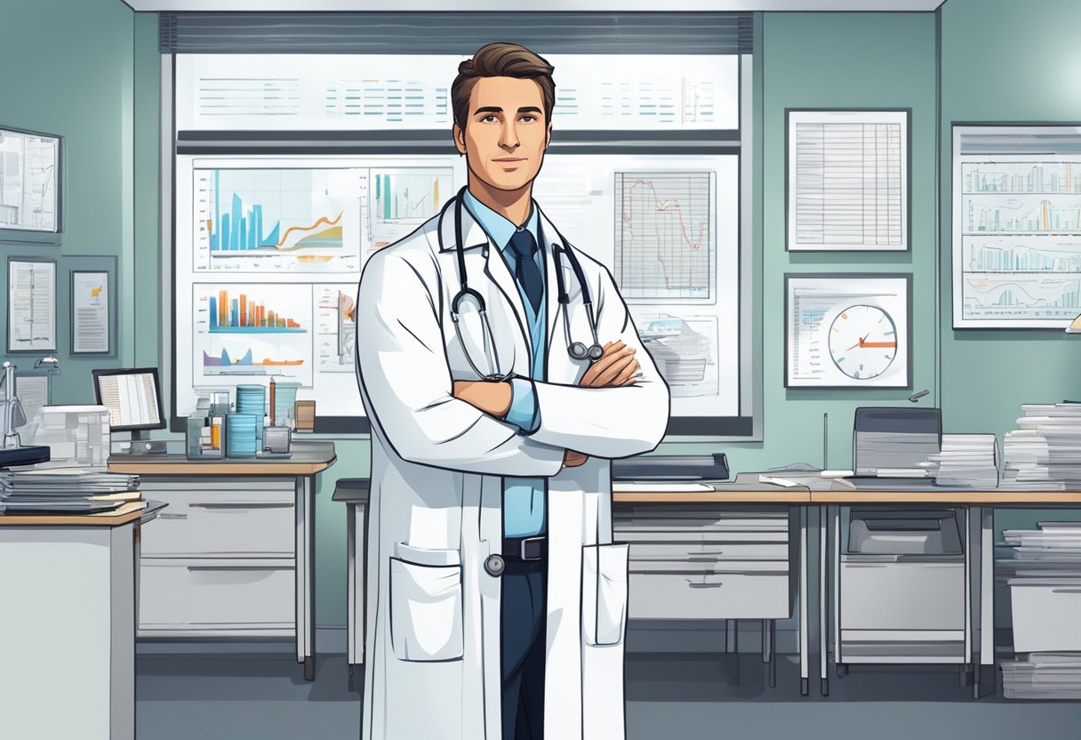 A doctor in a white coat standing in a modern medical office, surrounded by charts and medical equipment, with a compassionate and confident expression