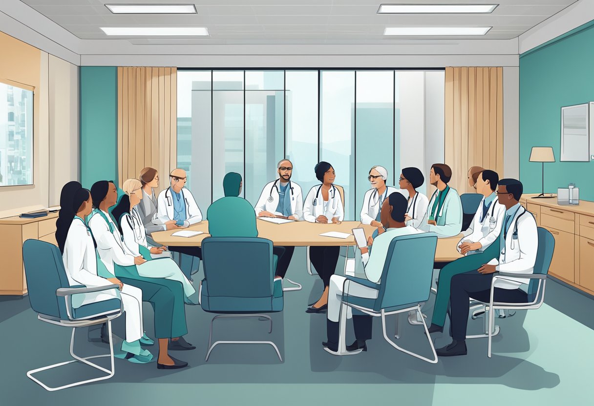 A group of doctors in a modern hospital conference room, discussing mesothelioma treatment options