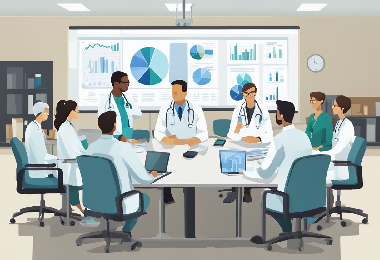 A group of doctors in a conference room discussing mesothelioma treatment options with charts and medical equipment on the table