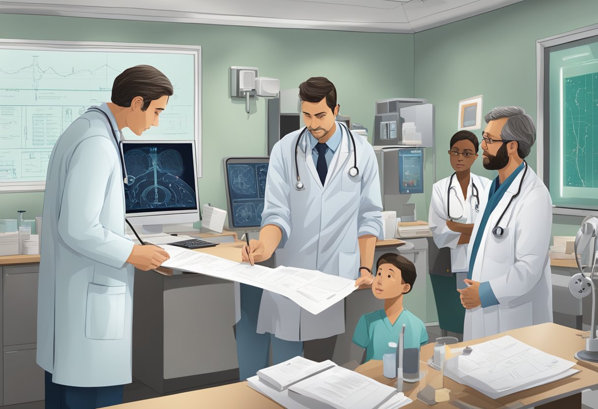 A group of doctors confer around a patient's chart, with Dr. David Jablons leading the discussion. The room is filled with medical equipment and charts, creating a sense of urgency and expertise