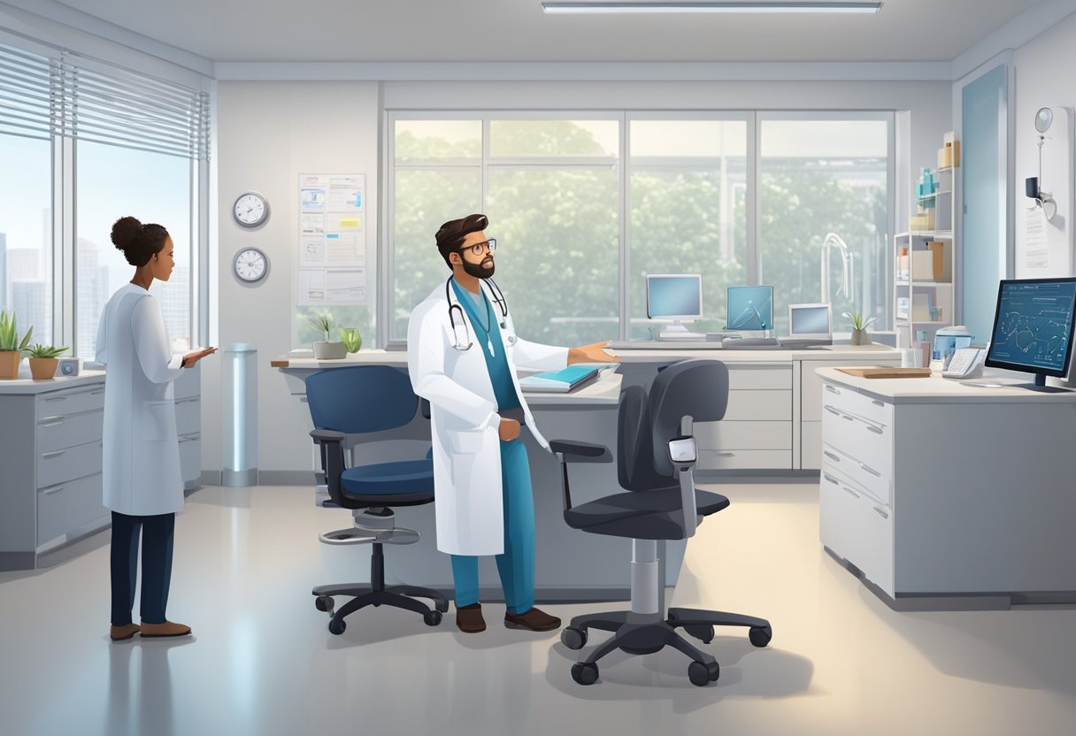 A doctor in a white lab coat stands in a modern medical office, surrounded by charts and medical equipment. He is speaking with a patient and their family, offering reassurance and expertise