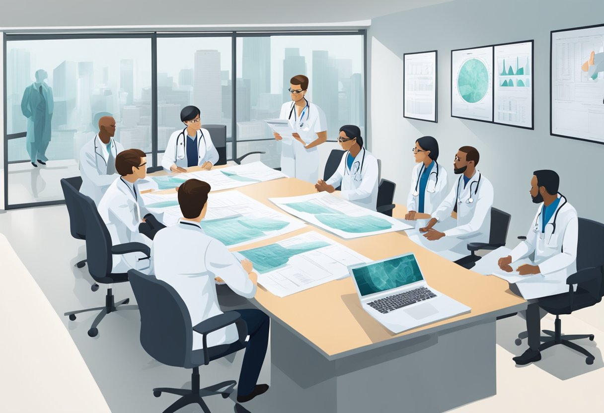 A group of doctors in a conference room, discussing and reviewing medical charts and x-rays related to mesothelioma