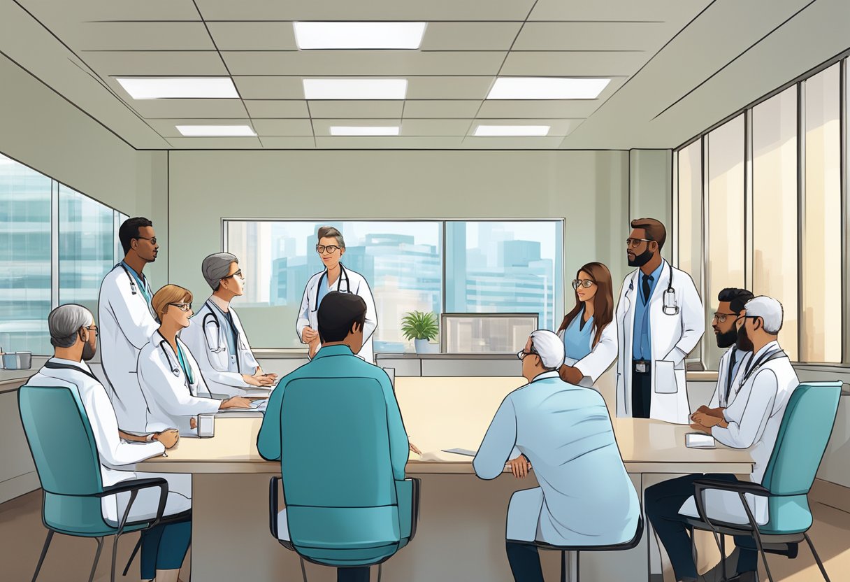 A group of doctors in a modern hospital conference room discussing innovative treatment options for mesothelioma patients