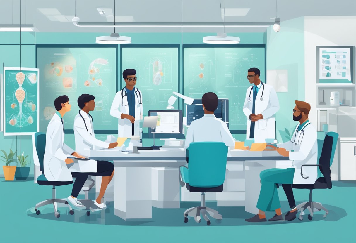 A team of doctors in a modern clinic, discussing treatment options for mesothelioma patients, surrounded by medical equipment and charts