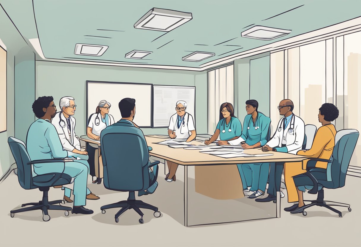 A group of doctors in a conference room discussing mesothelioma treatment options